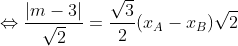 \Leftrightarrow \frac{|m-3|}{\sqrt{2}}=\frac{\sqrt{3}}{2}(x_{A}-x_{B})\sqrt{2}